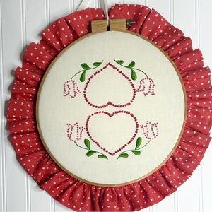 Handmade Vintage Embroidery Framed Hoop Hearts Ruffle Trim Grandma Cottage Core